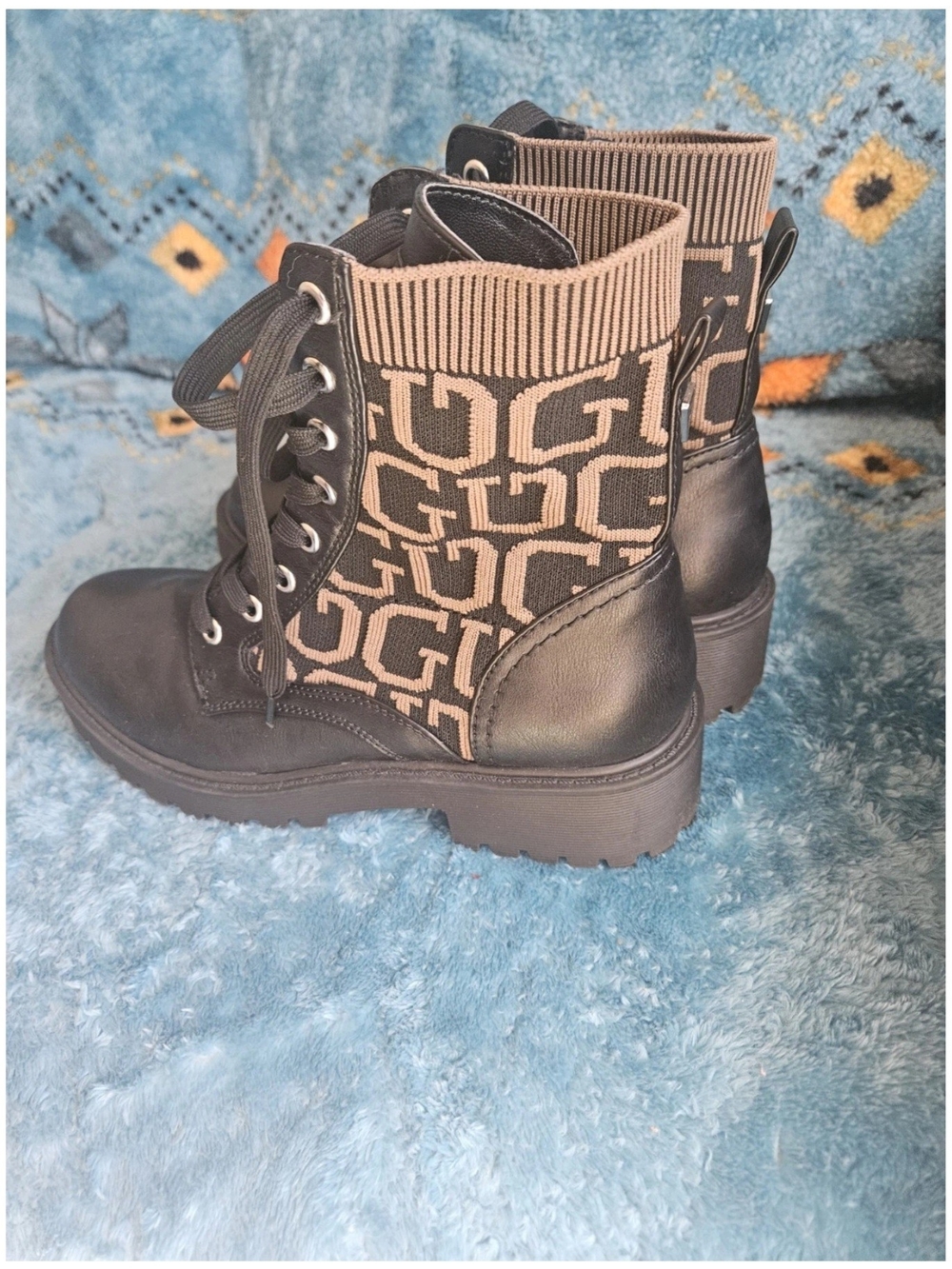 Guess Black and Tan Lace-Up Knit Combat Boots